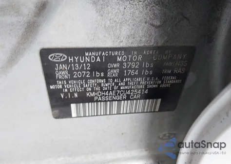 2012 Hyundai Elantra Gls (Ulsan Plant) z USA, uszkodzony, nr VIN KMHDH4AE7CU425414